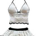 RoseSeek Women's 2 Piece Vacation Outfits Knit Color Block Backless Halter Top and Mini Layered Skirts Set Size Small