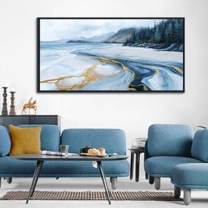 Blue and Gold Abstract Wall Art - Ocean Beach Pictures for Living Room Coastal Bedroom Paintings for Wall Decor Framed Landscape Artwork for Walls large Modern Decoration 2448IN
