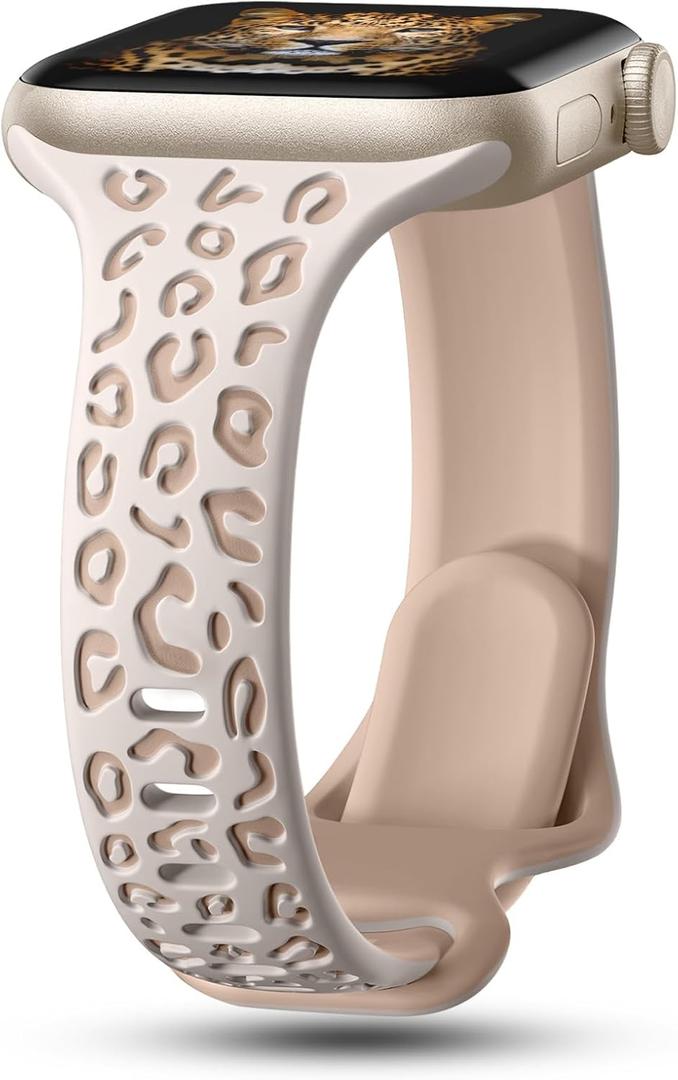CreateGreat Slim Leopard Engraved Bands Compatible with Apple Watch Band 41mm 40mm 38mm 49mm 46mm 45mm 44mm 42mm Women, Cheetah Silicone Strap for iWatch Series 10 9 8 7 6 5 4 3 2 1,Ultra,SE (Starlight & Nude Tan)