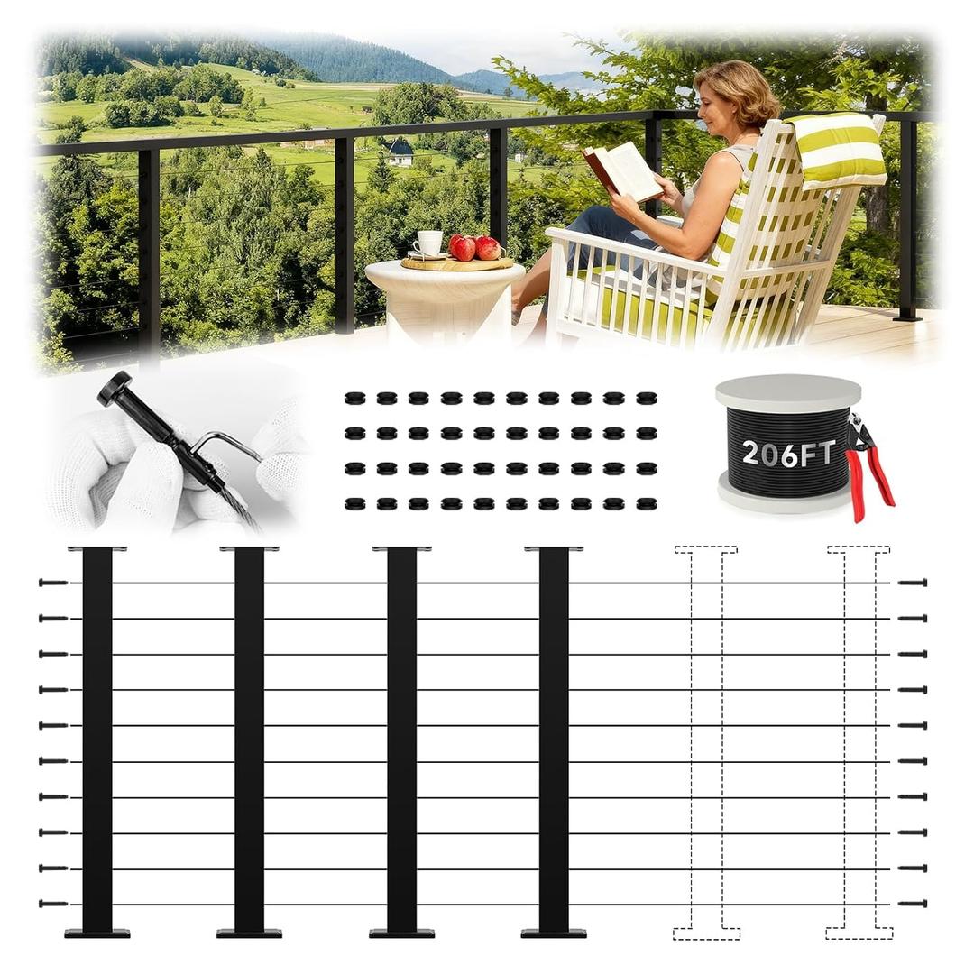 36" 1220FT Swageless Modular Black Cable Railing System Post Kit with 4 Level Posts, Patent Reusable Cable Railing Kit, T304 Stainless Steel, Upgraded Powder Coated for Outdoor Decks