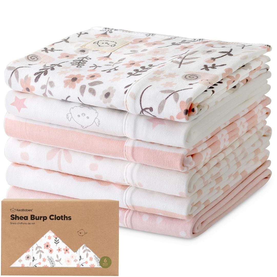 Organic Burp Cloths Baby Boy, Girl - 6-Pack Large Cotton Burping Cloths for Babies, Spit Up Rags, Super Absorbent, Ultra Soft Newborn Rag, Gender Neutral, Machine Washable, Durable(Sweet Charm)