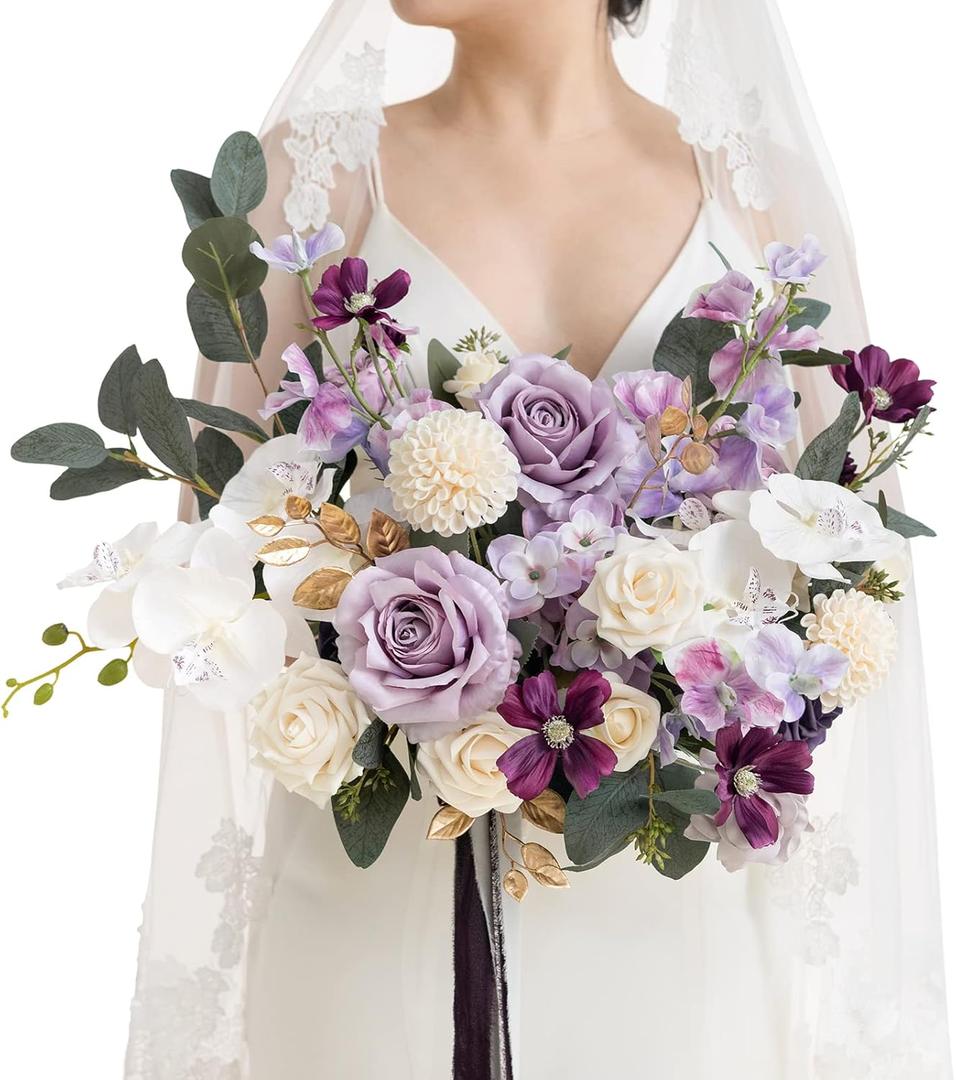 Ling's moment Purple Bridal Bouquet, 15 Inch Lilac Wedding Bouquets for Bride, Silk Free Form Bridal Bouquets for Wedding, Ceremony, Anniversary, etc. (Prpl-gold & Lilac)