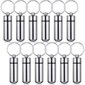 Patelai 12 Pcs Portable Keychain Pill Holder Mini Pocket Pill Case for Men Women Aluminum Geocache Containers Waterproof Metal Medicine Bottle Organizer for Outdoor Camping Travel(Silver)