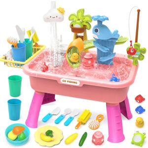 2026 Upgraded Water Table for Toddlers 1-3 - Play Sink with Running Water & Electric Faucet, Pretend Play Kitchen Sink Toy, Outdoor Sensory Summer Toys for Kids Ages 4-8, Fishing Game, Pink