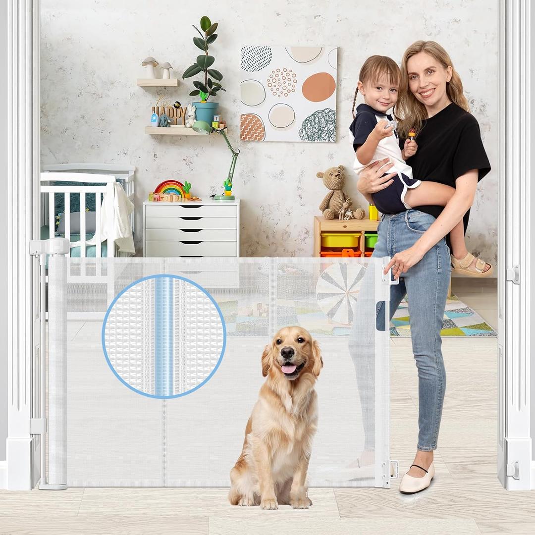 Reinforced Retractable Baby Gates with Support Rods, Retractable Pet Gate for Dog Prevent Bottom Crawling Through, Extends up to 55 Wide, Reinforced Mesh Stairs Gate for Kids Child Safety Gate, White