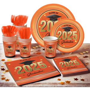 Graduation Decorations 2025 Orange and Black - Complete Disposable Tableware Set for 24 Guests, Includes Paper Plates, Cups, Napkins, Cutlery - Perfect for Graduation class of 2025 Celebrations