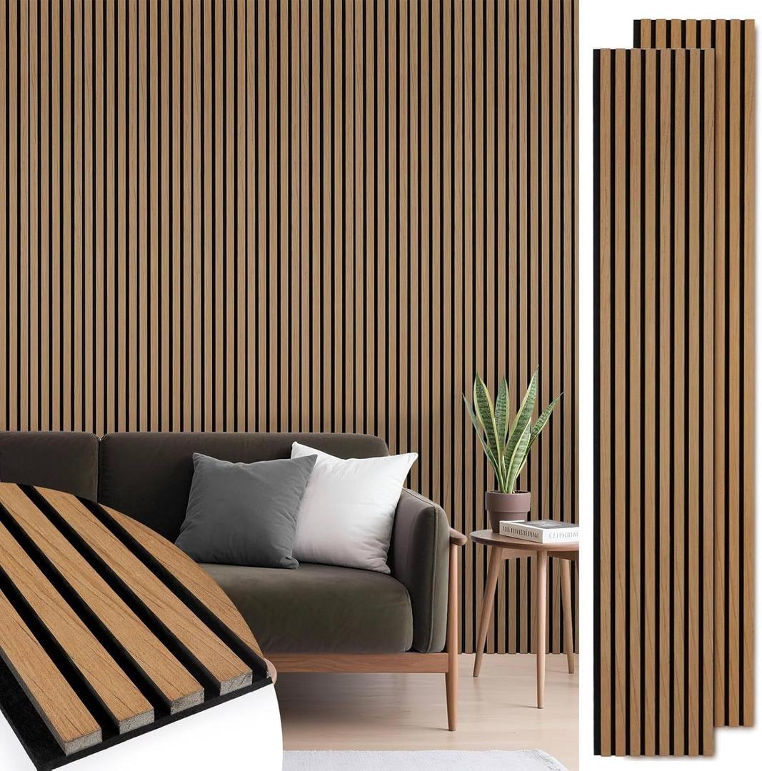 Acoustic Wood Slat Panels 2 Pack 106" x 12.6", Soundproof Wooden Wall Panels, 3D Fluted Panel for Interior Wall Decor, Living Room, Bedroom - Teak (Cover Approx. 19 sq.ft)
