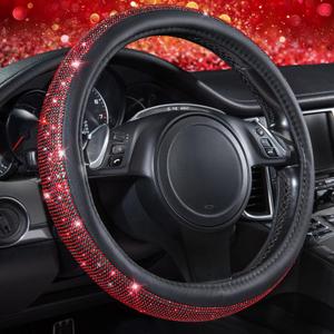 CAR PASS Red Diamond Black Leather Steering Wheel Cover, with Bling Crystal Rhinestones Universal Fit 14" 1/2-15" Crystal Glitter for Women Sparkle Girl Fit Suvs,Vans,Sedans,Cars,Trucks, Red Diamond