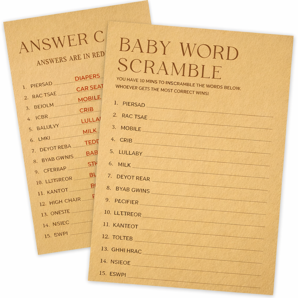 Baby Shower Game Card - Set Of 30 Kraft Paper Double Print - Baby Word Scramble Card For Baby Boy Girl, -Baby Announcements, Gender Reveal Games, Party Favors And Supplies - B09
