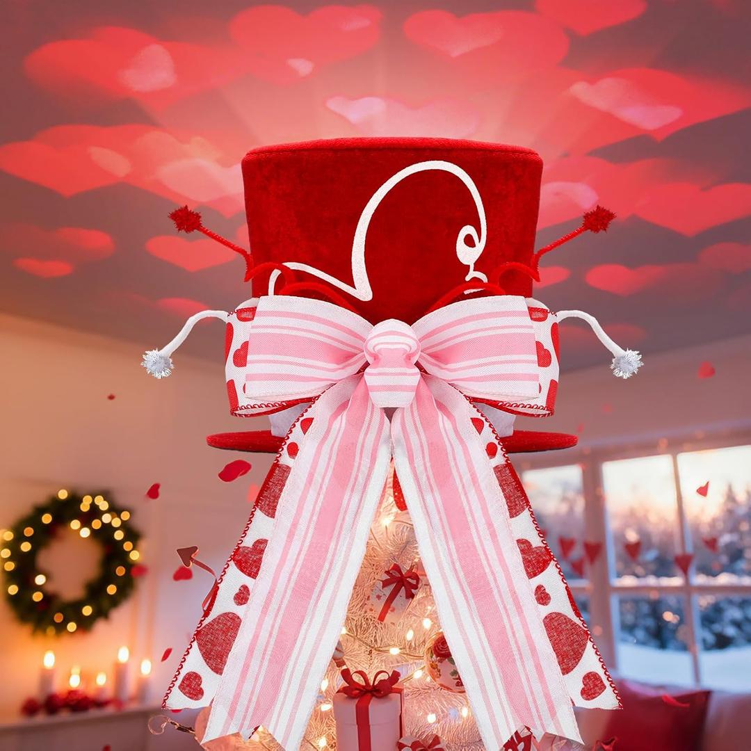 Valentines Day Tree Topper Hat with Projector Rose Red Large Velvet Hat Decor with LED Light Rotating Heart Romantic Gift for Valentine's Day Wedding Holiday Party Decoration