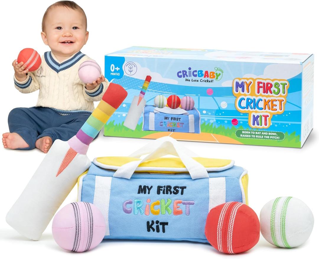 My First Cricket Kit | Cotton Soft Plush Toy | Gift Baby and Infant 0+ Months | 3 Soft Sensory Cricket Balls  Rattle, Crinkle, Squeaker & 1 Rainbow Rattle Cricket Bat | Safe, Fun, Educational
