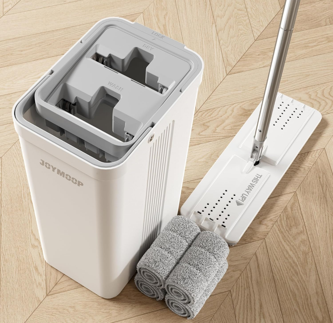 JOYMOOP Mop and Bucket Set with Wringer, Flat Mops for Floor Cleaning, Wall Mop Cleaner with Long Handle, Hardwood Floor Mop with 5 Microfiber Pads