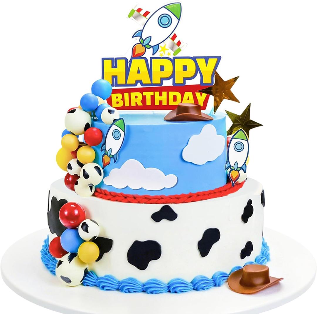 57Pcs Cartoon Story Birthday Cake Toppers Infinity and Beyond Blue Sky White Cloud Cow Print Cake Topper Toy Theme Party Decoration (Multicolor)