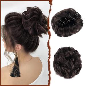 SOFEIYAN Claw Clip Messy Bun Hair Piece Wavy Curly Hair Bun Clip in Claw Chignon Ponytail Hairpieces Synthetic Tousled Updo Hair Extensions Scrunchie Hairpiece for Women, Medium Brown
