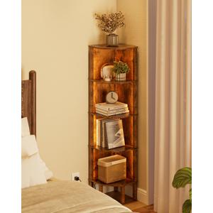 Corner Shelf, 5 Tier Corner Bookshelf with LED Light,Wall Display Corner Shelf Stand with Storage Rack for Living Room,Bedroom,Office,Rustic Brown