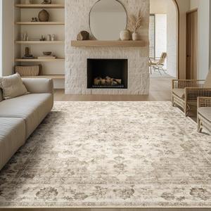 8x10 Washable Neutral Area Rug Beige Floral Living Room Bedroom Large Carpet Non-Slip Low Pile Vintage Soft Thin Throw Rug for Dining Room Office Kitchen Indoor Nursery (8' x 10' (Rectangular))