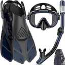 Snorkeling Gear for Adults Men Women,4 in 1 Snorkel Set with Panoramic View Diving Mask Anti-Fog Anti-Leak,Dry Top Snorkel,Fins and Travel Bag for Swimming,Snorkeling and Travel Diving (Small-Medium, NavyBlue)
