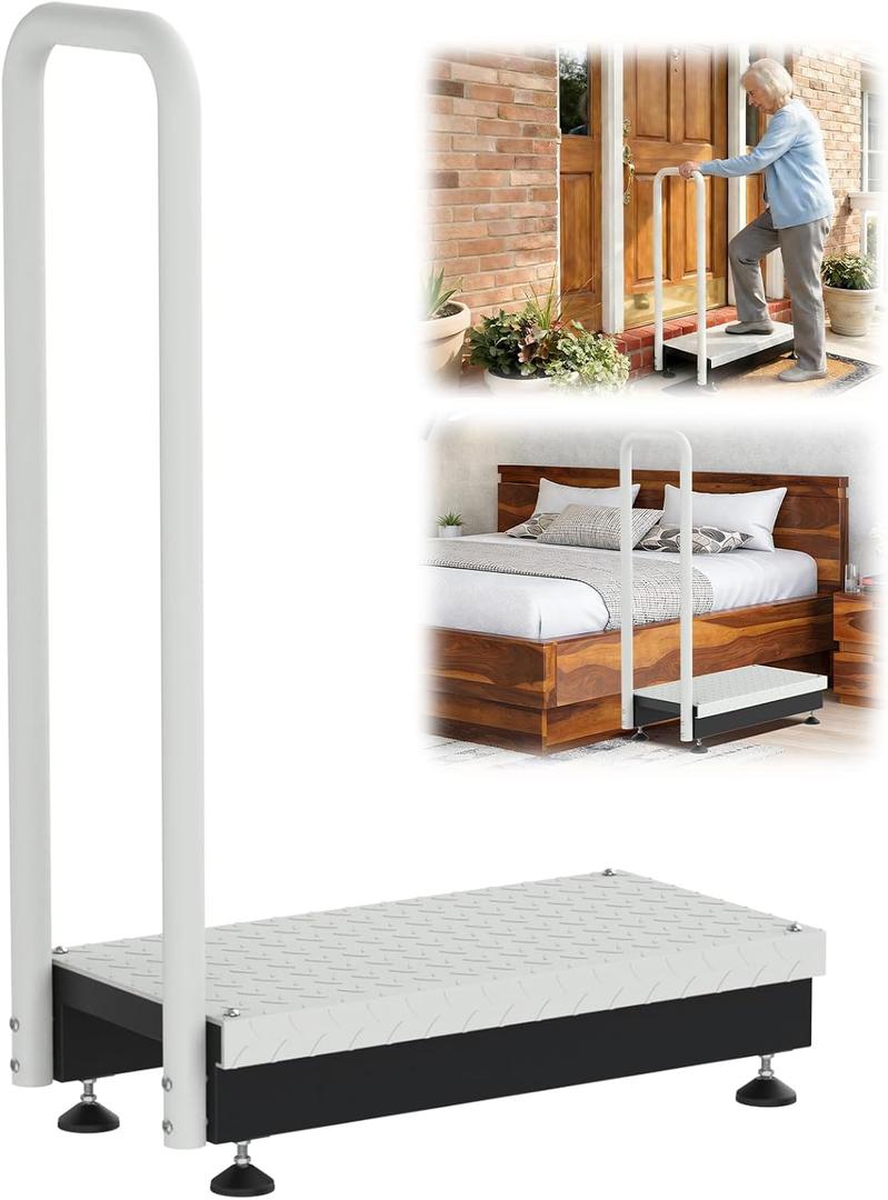 Adjustable One Step Stool with Handle for Elderly Adults Safety, Heavy Duty Bed Step with Non-Slip Platform for High Beds/Doorway/Kitchen/Closet(Grey Platform)
