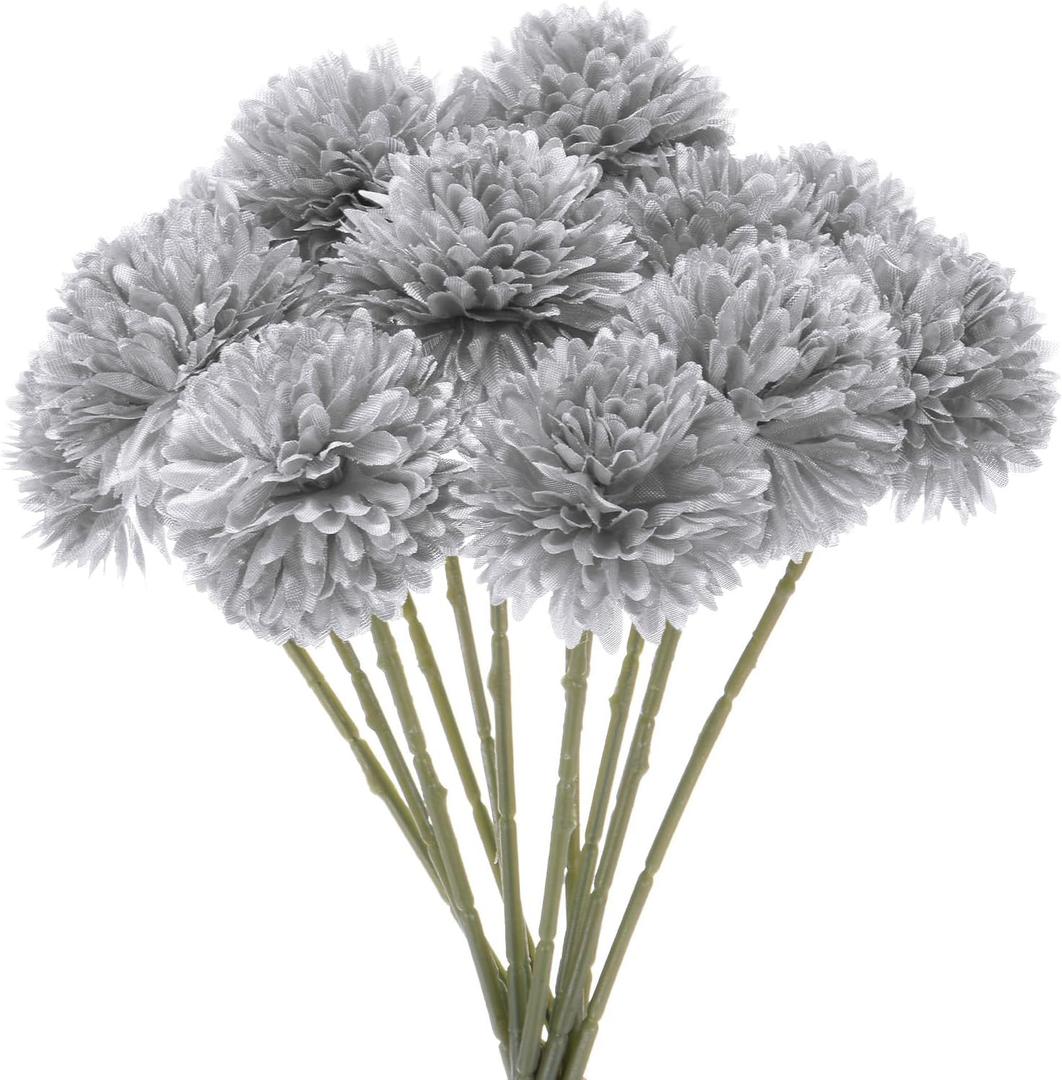 12-Pack Artificial Chrysanthemum Ball Flowers, 11 Inch Faux Chrysanthemum Silk Bouquets Real Touch Faux Flowers for Home/Wedding/Christmas/Party[Silver]