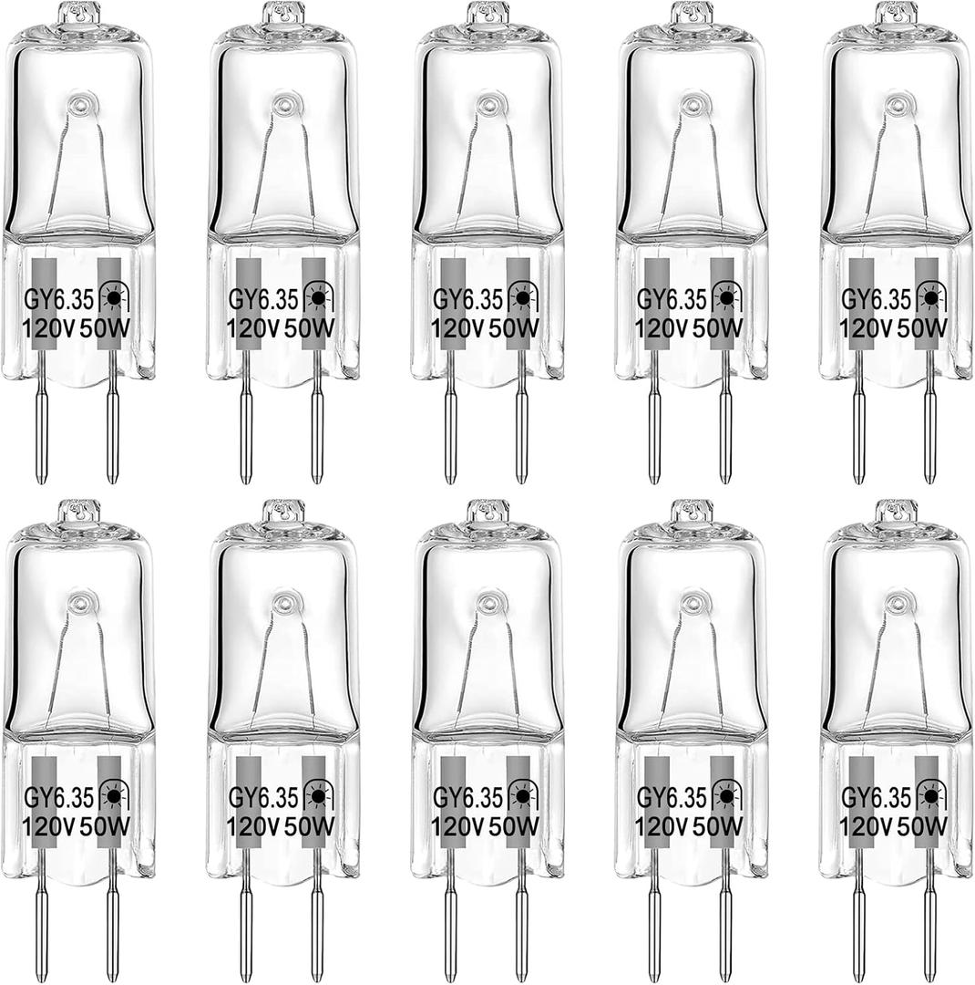 GY6.35 Light Bulbs, 120V 50W Crystal Clear Halogen Bulb 2 Pin, T4 JC Bi-Pin Base G6.35 Capsule Bulb, Dimmable 2700K Warm White 2 Prong Light Bulb for Pendant Light, Microwave Oven, Table Lamp, 10 Pack