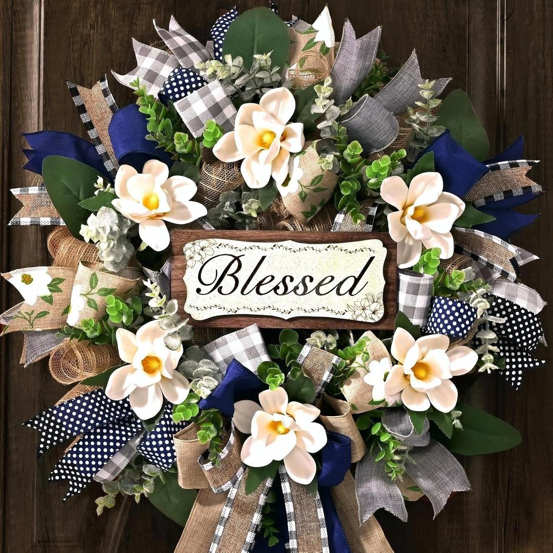 Waipfaru Magnolia Wreaths for Front Door, 22 Inch Spring Summer Wreath with Eucalyptus & Blue Grey Burlap Bow, Year Round Wreaths for Porch Farmhouse Patio Door Decor All Season (2 Pcs)