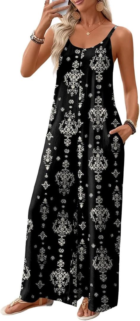 BLENCOT Summer Jumpsuits for Women Casual Spaghetti Straps Boho Printed Baggy Jumpsuit Loose Overalls Wide Leg Pants Rompers for Cruise Essentials Black Retro, Large