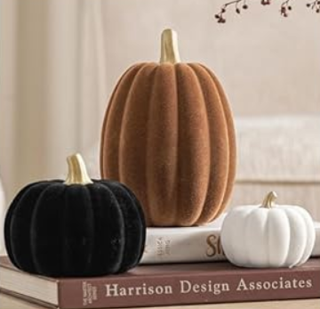 DN DECONATION 3 Pcs Fall Pumpkin Decorations – Flocked White Brown Black Resin Pumpkins Figurines for Autumn Thanksgiving Halloween Decoration, Faux Artificial Pumpkin for Home Table Mantel Decorating