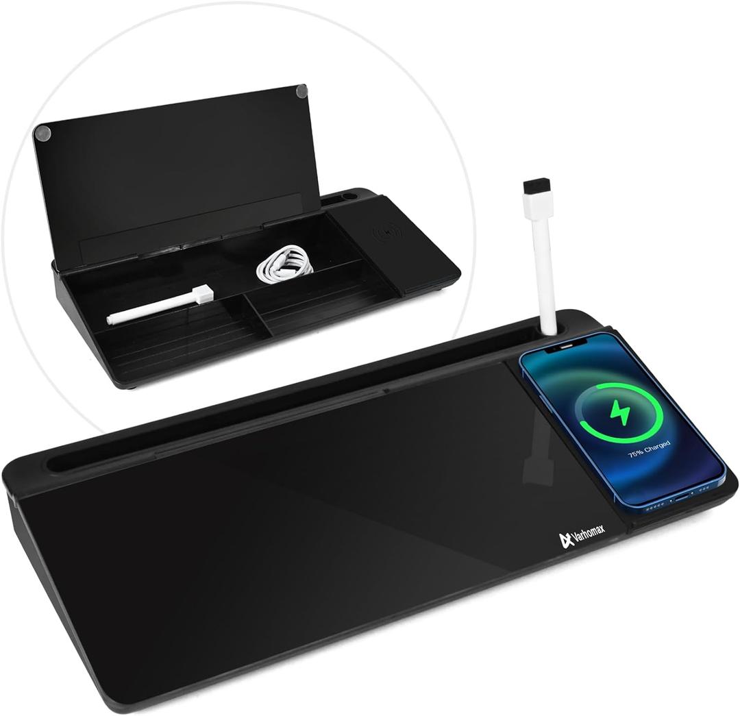 Varhomax Glass Desk Whiteboard Black with Wireless Charger, Desktop Dry Erase White Board with Storage, To Do List Memo Notepad for Home and Office