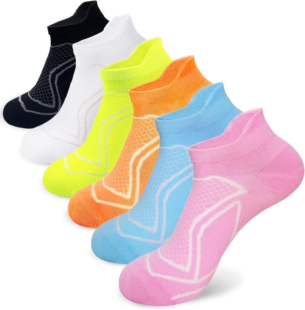 Womens Athletic Running Ankle Socks 6 Pairs - Comfortable Crew and Cushioned Low Cut Socks (Black Blue Orange Pink Green White)