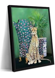 Vintage Stylish Leopard Wall Art Framed Animal Painting Print with Floral Armchair Retro Green Nature Picture Poster with Wooden Frame Modern Home Décor for Living Room, Bedroom, Office 16x24 Inches