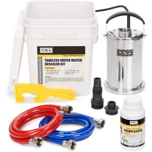 Tankless Water Heater Flushing Kit Includes 1500GPH Stainless Steel Pump with Two Adapters & Cleaner & 3 Gallons Pail with Bucket Lid Opener & Two 1/2 Dia X 6 Hoses SUB 1500SS Flush Kit