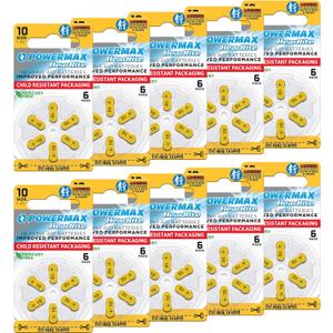 Powermax Size 10 Hearing Aid Batteries, 60 Count Long-Lasting Battery Pack, Yellow Long Tab for Easy Change