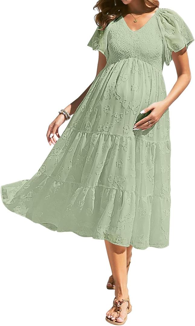 Maternity Dress for Baby Shower - 2025 Photoshoot Pregnancy Summer Midi Casual Flutter Sleeve Dress, Large 