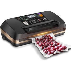 95KPA Vacuum Sealer Machine, Commercial Full Automatic Food Sealer with Cutter for Meat Sous Vide, Includes 10 Pre-Cut Bags, Bag Rolls, Accessory Hose & Starter Kit, Black Gold