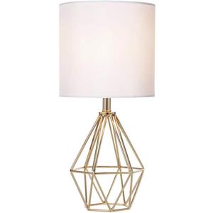Gold Modern Hollow Out Base Bedroom Small Table Lamp,Bedside Nightstand Lamp with Geometric Metal Base White Fabric Shade,Cute Desk Lamp for Kids Living Room