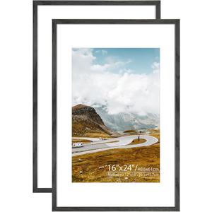 ENGLORY 16x24 Black Oak Wood Picture Frame - 16"x24" Poster Frame, 16x24 Picture Frame With 12x18 Mat Natural Solid Wooden Picture Frames for Wall Art Photo and Prints(2 Pack, Black)