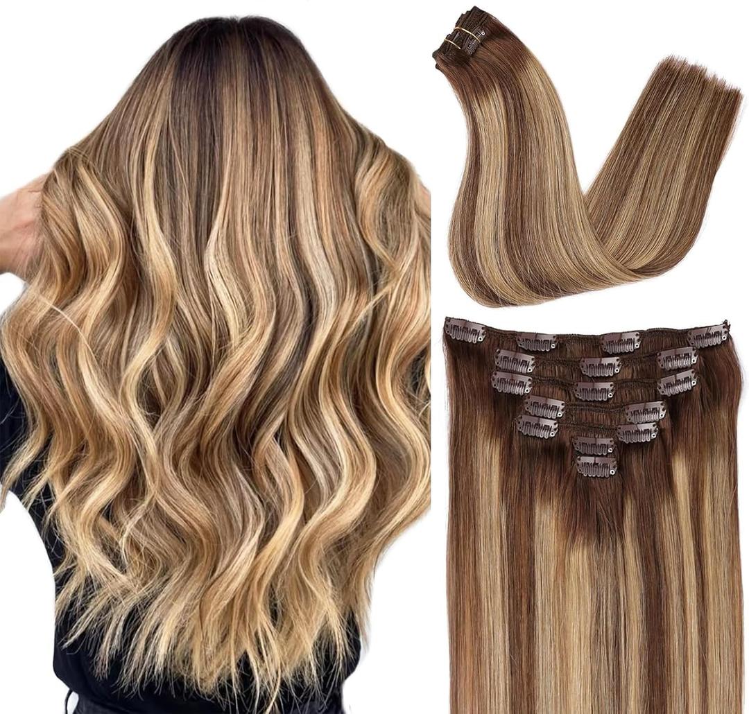 ORIGEN Clip in Hair Extensions Real Remy Human Hair Chocolate Brown to Caramel Blonde Highlights Straight Hair for Women 7pcs 120g 16 Inches ((4/27)/4)