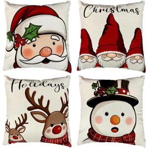4Pcs Christmas Throw Pillow Covers,18x18 Inch Santa Claus Elk Snowman Gnome Pillow Covers,Square Merry Christmas Pillows Cover,Winter Holiday Cushion Case for Room Sofa Patio Bedroom Decor