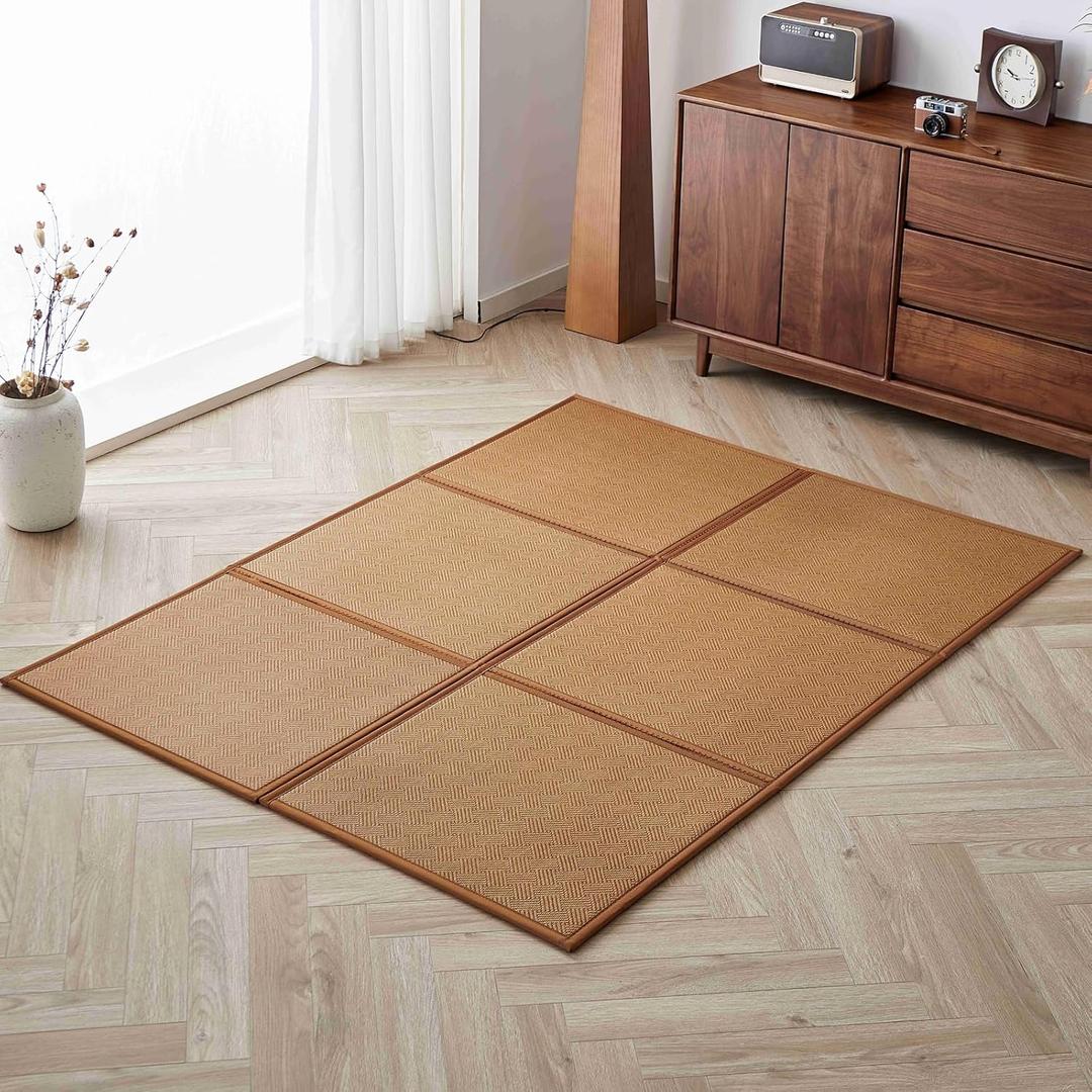 Natural Rattan Floor Foldable Tatami Mat,Queen, 79" x 59" x 0.5"