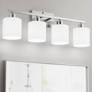 Bathroom Lights Over Mirror Brushed Nickel, Anti-Rust 4-Light Bathroom Vanity Light Fixtures, Modern 24Inches Wall Sconces E26 Base, Milky White Glass Shades, Bulbs Not Included