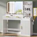 DWVO Fluted Makeup Vanity Desk with Large 27" Mirror and Lights, Modern Big Makeup Table with Power Outlet, 11 Shelves & 2 Drawers, 3 Color Lighting Modes, Dressing Table Vanity Set for Bedroom, White