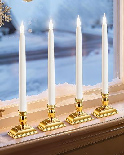 otnofok 13.2" Window Candles Battery Operated with Timer, 6h On/18h Off, LED Flickering Flame, 5000K Cool White Christmas Candle Lights for Windows, Indoor Holiday Decor, 4 Pack, Gold Holders