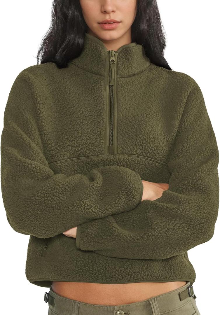 Womens Fleece Sweatshirts Cropped Half Zip Fuzzy Warm Sherpa Pullover Varsity Jackets with Zipper Pockets (Medium, Dark Olive)