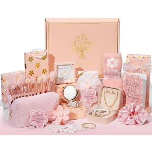 Easter Basket Gifts for Tween & Teen Girls, 8 PCS Birthday Gift Teenage Girl Gifts Trendy Stuff w/Fun Task Tag Makeup Brushes & Bag, Empower Positive Wrapped Gift Prefilled Stuffers for Daughter Niece