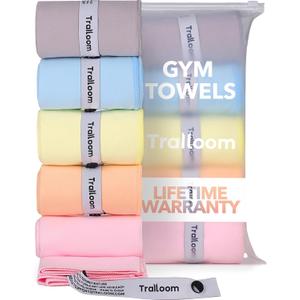 Trailoom Microfiber Workout Towels - Quick Dry, Highly Absorbing, Odor-Free, for Women & Men - Gym Sweat Sports Towel for Hot Yoga, Tennis, Running, Exercise, Working Out, Camping, Set of 5 Pastel