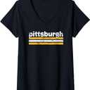 Womens Pittsburgh Pennsylvania Three Stripe Vintage Weathered V-Neck T-Shirt (Small, Black)