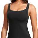 CRZ YOGA Butterluxe U Neck Tank Tops for Women - Padded Athletic Workout Camisole Crop Tops with Built in Bra Black Medium