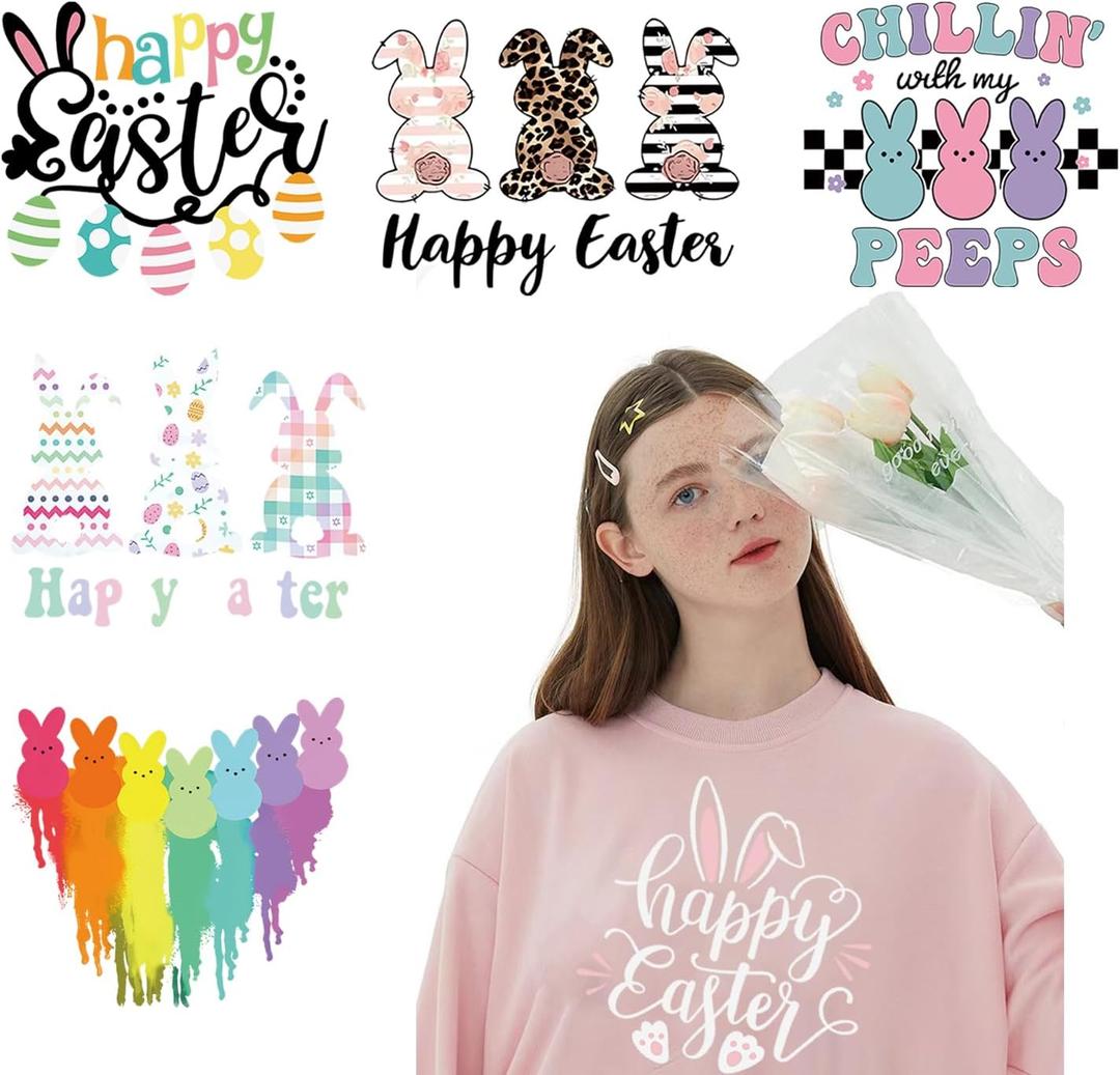 6 Sheets Easter Iron on Patches Decals Easter Eggs Bunny Designs Heat Transfer Stickers Happy Easter Vinyl Stickers Cartoon Cute Rabbit Iron on Appliques for Clothing T-Shirt Clothes DIY Decorations
