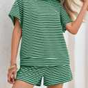 Tankaneo Womens Pajama Sets Striped 2 Piece Lounge Sets Short Sleeve Oversized T Shirts Drawstring Shorts Matching Set (Green)