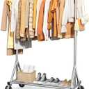 Heavy-Duty Clothes Rack, Stainless Steel Garment Stand with Mesh Shelf, Lockable Wheels & Anti-Slip Stoppers, Rolling Clothing Rack for Bedroom Storage, 42.5" x 16.5" x 65.9", Silver